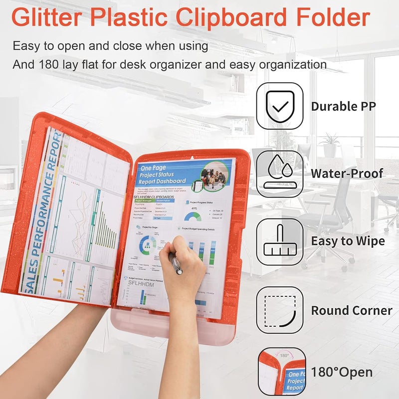 SFLHHDM Glitter Clipboard with Storage,Storage Clipboard with Pen Holder,A4 Binder Clip Boards 8.5x11 with Low Profile Clip,Side Opening Sparkle Clipboards, Clipboards Folder for Office Supplies-Orange - Image 5